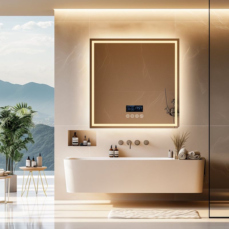 Miroir mural carré LED avec Bluetooth, anti-buée et mémoire