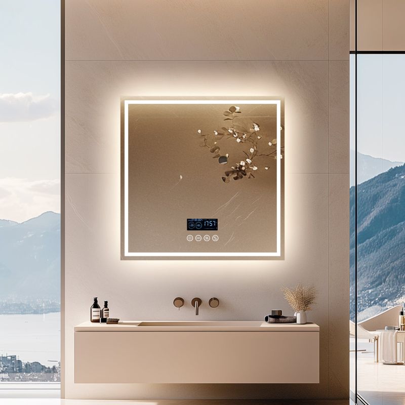 Miroir mural carré LED avec Bluetooth, anti-buée et mémoire