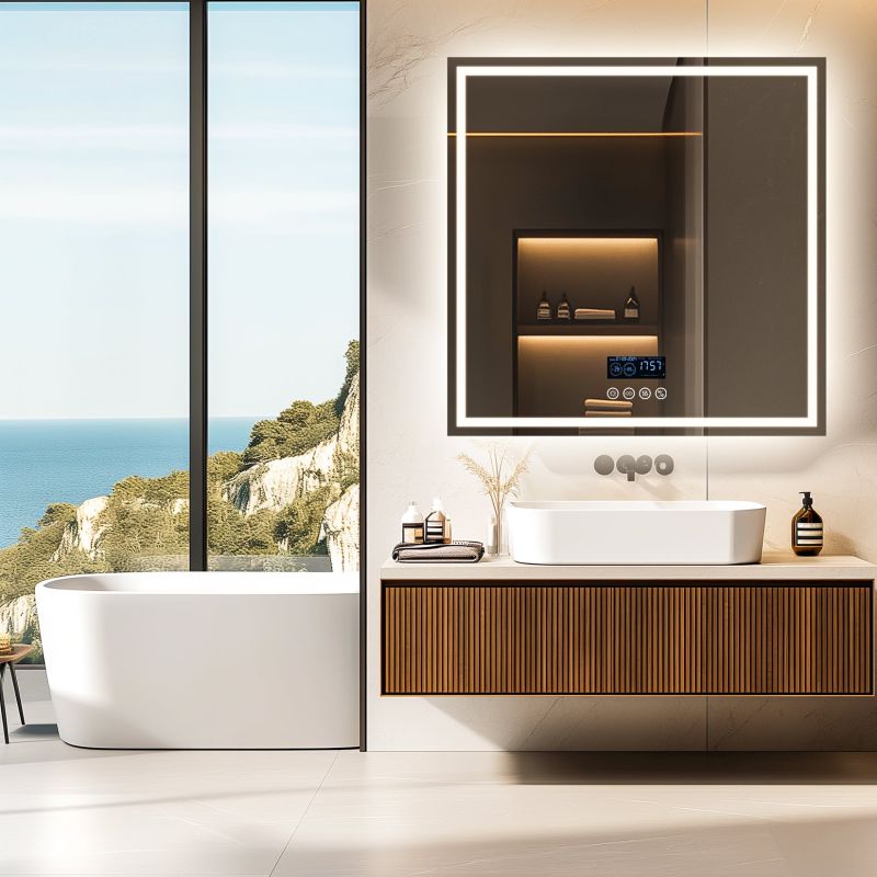 Miroir mural carré LED avec Bluetooth, anti-buée et mémoire