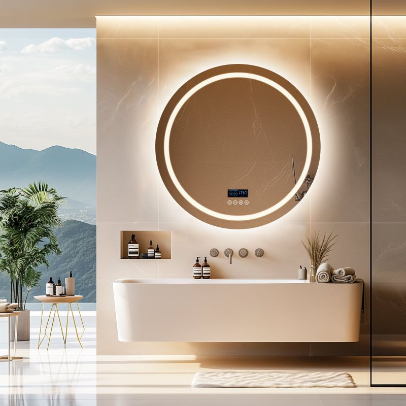 Miroir mural rond LED avec Bluetooth, anti-buée et mémoire