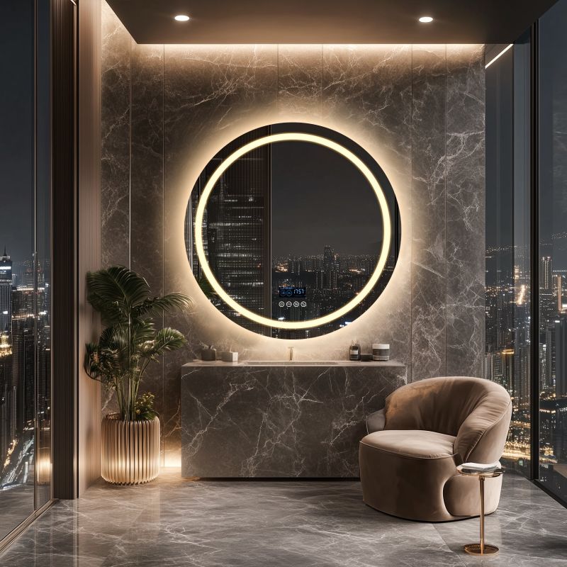 Miroir mural rond LED avec Bluetooth, anti-buée et mémoire