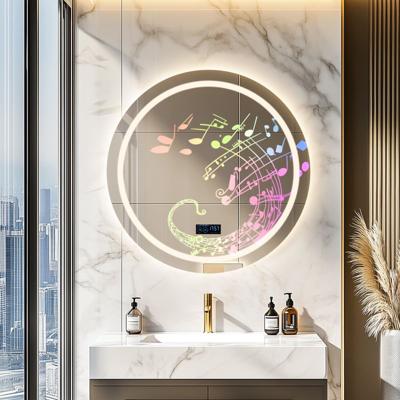 Miroir mural rond LED avec Bluetooth, anti-buée et mémoire