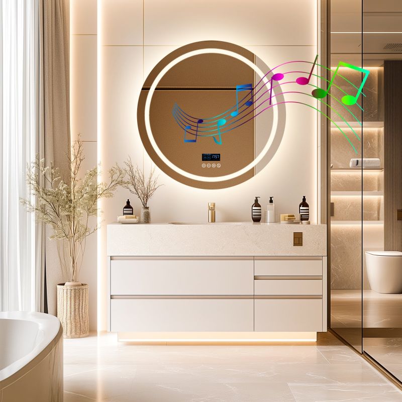 Miroir mural rond LED avec Bluetooth, anti-buée et mémoire