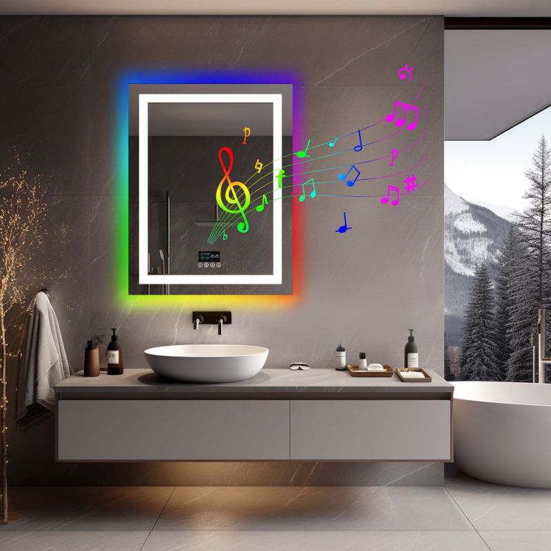 Miroir mural LED rectangulaire avec Bluetooth, anti-buée et RGB