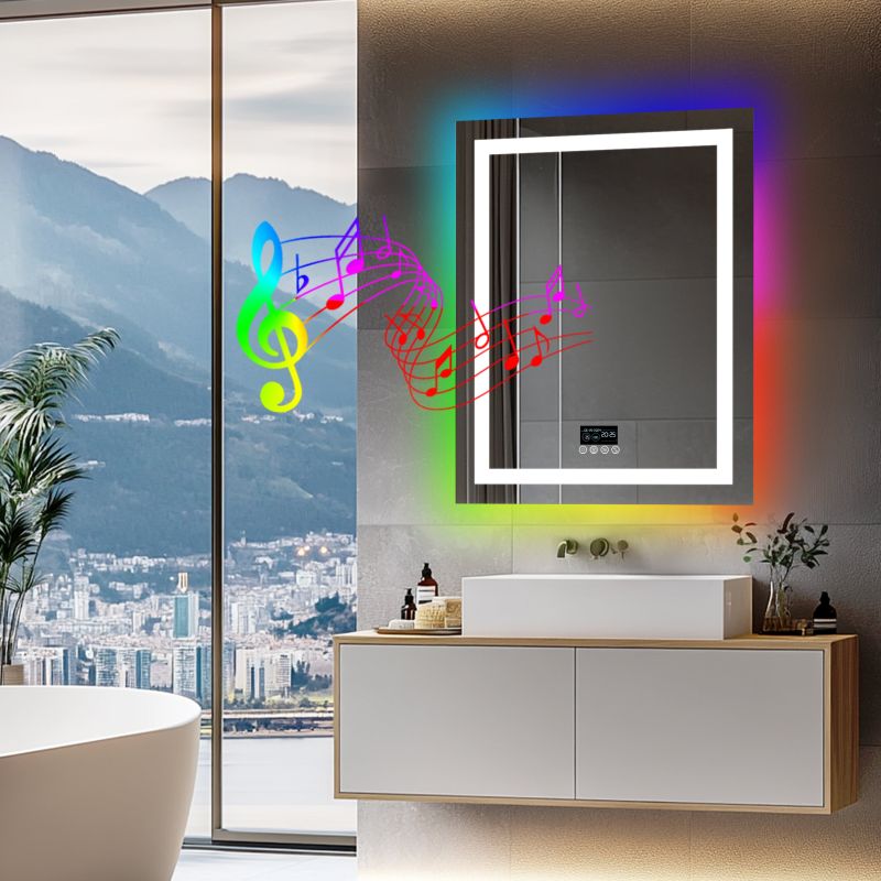 Miroir mural LED rectangulaire avec Bluetooth, anti-buée et RGB